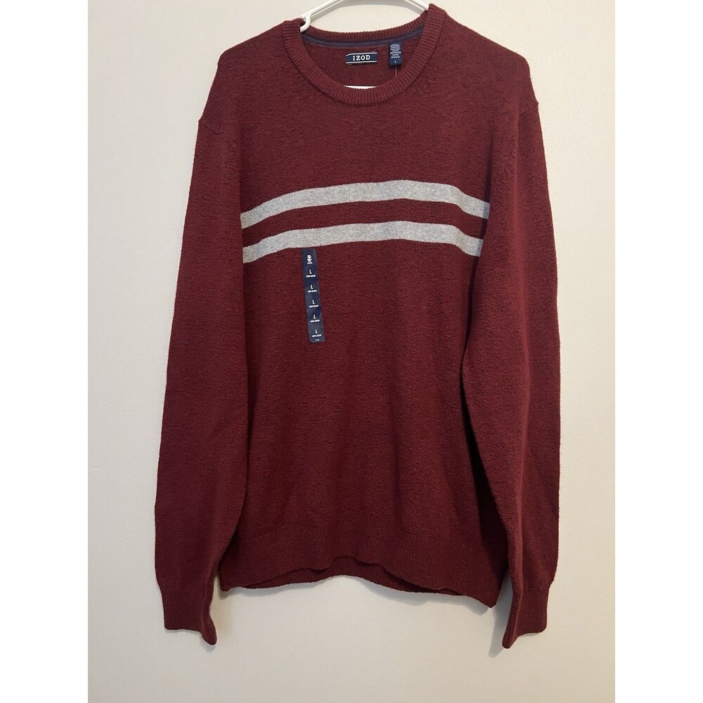 NWT Izod Knit Sweater Size Large Maroon Striped 100% Cotton Crew Neck